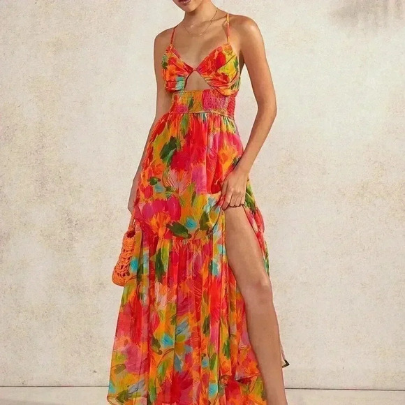 Multicolor Boho Women's Tropical Tiered Hem Backless Dress - Picture 1 of 5
